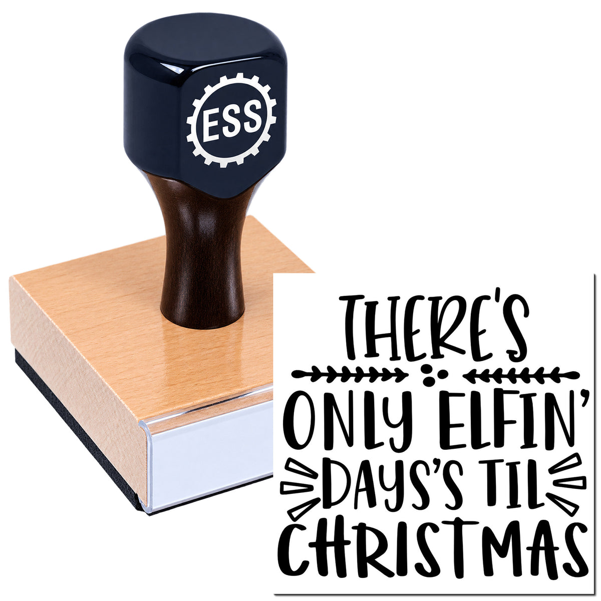 Dark navy rubber stamp seal on a pink-and-white box beside a black "There's only elf in days til Christmas" message.