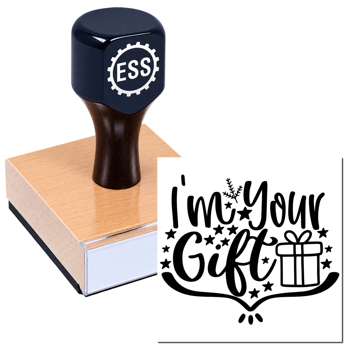Dark navy custom stamp and seal set on a block, showing black "I'm Your Gift" script with stars and a gift icon.