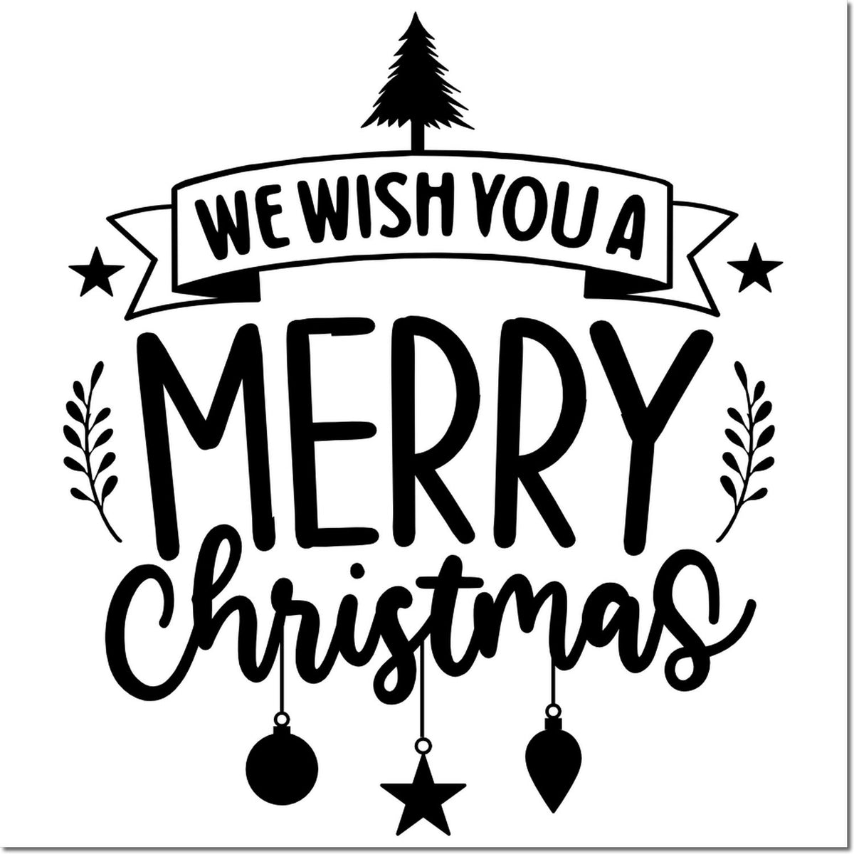 Black Merry Christmas stamp seal design with banner, stars, pine tree and ornament accents on a white background.