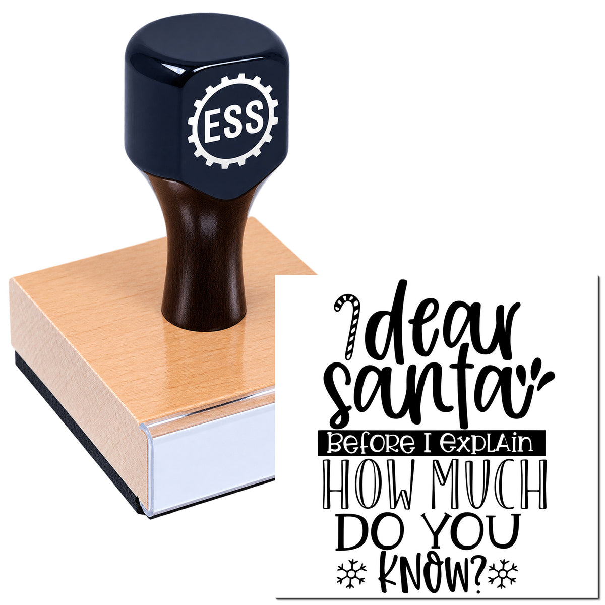 Dark navy ESS rubber stamp and seal on a pink wooden block, with black "Idea Santa" lettering.