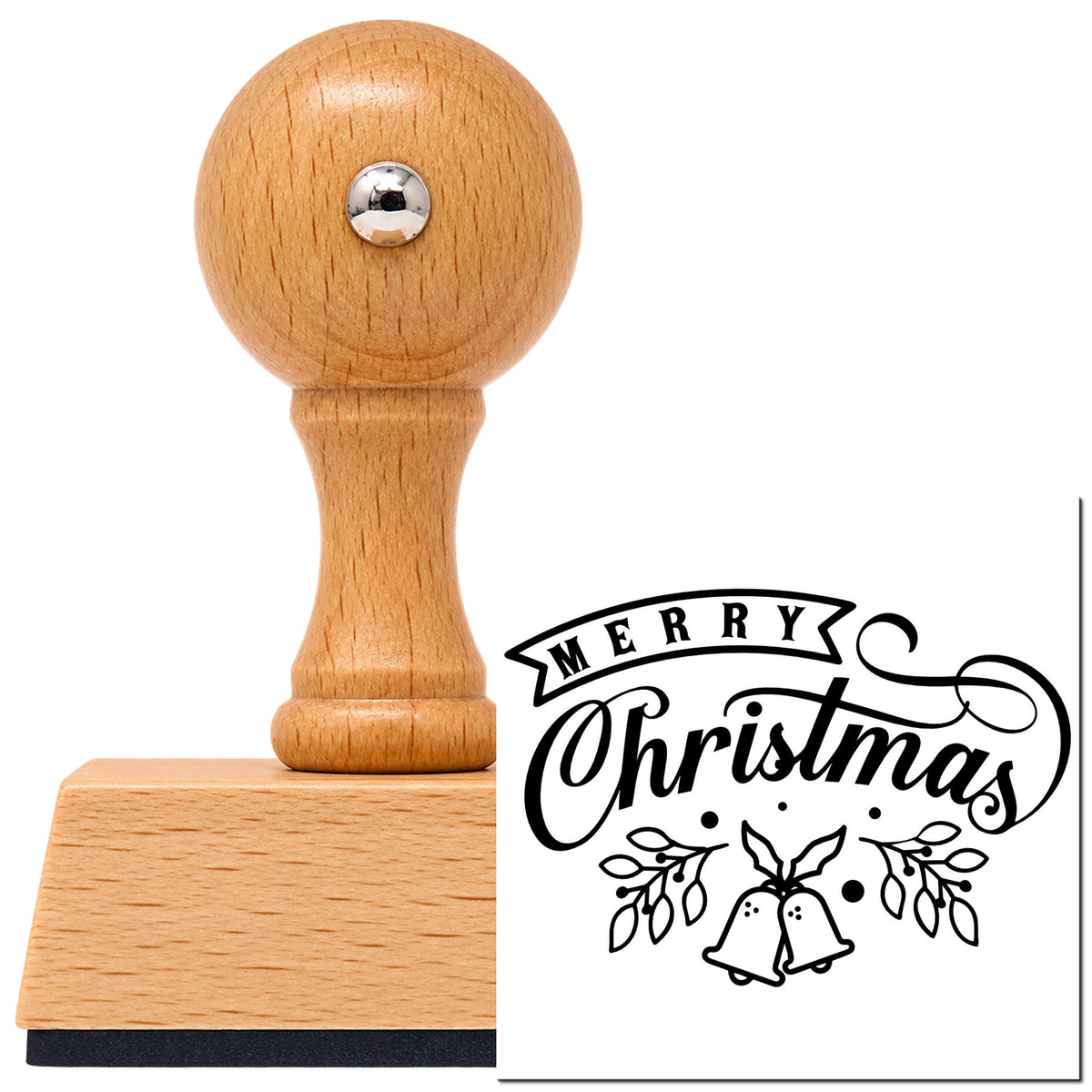 Vintage Pro beech wood stamp with a round knob handle, shown with its black Merry Christmas Bells And Leaves Botanical Sprig imprint on white.