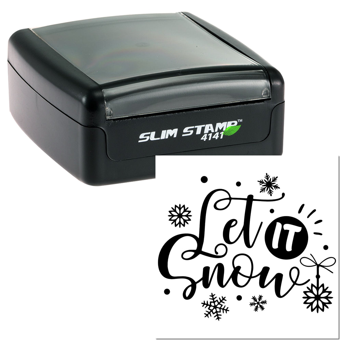 Black slim self-inking stamp and seal showing Let it Snow winter design with snowflakes and black ink impression.