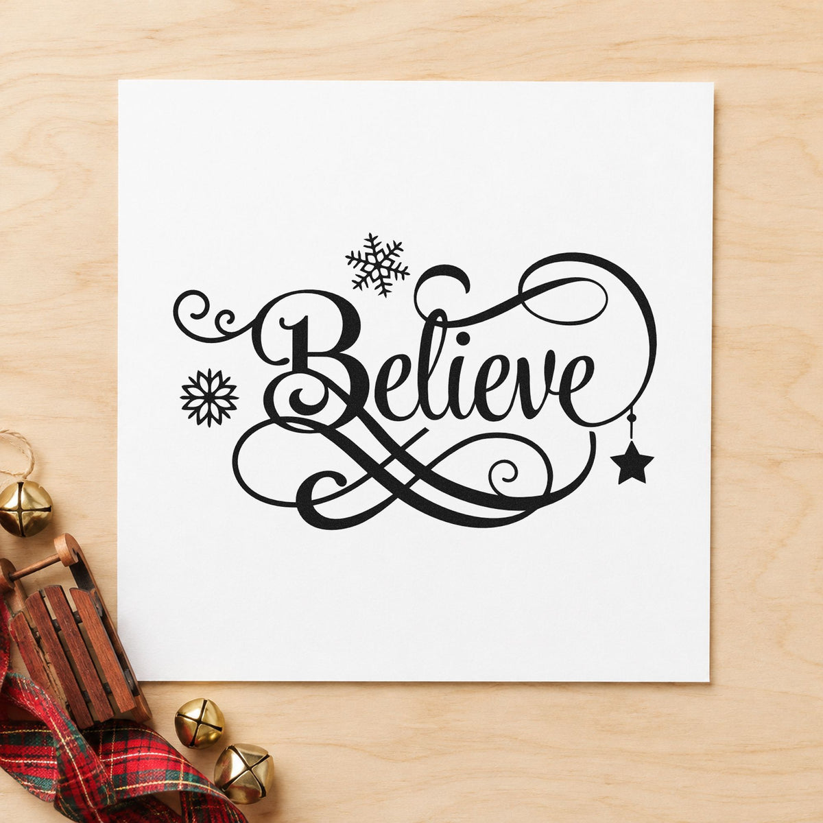 Believe Snowflakes Hanging Star rubber stamp printed in black ink, ready for hanging star cards and similar paper crafts.