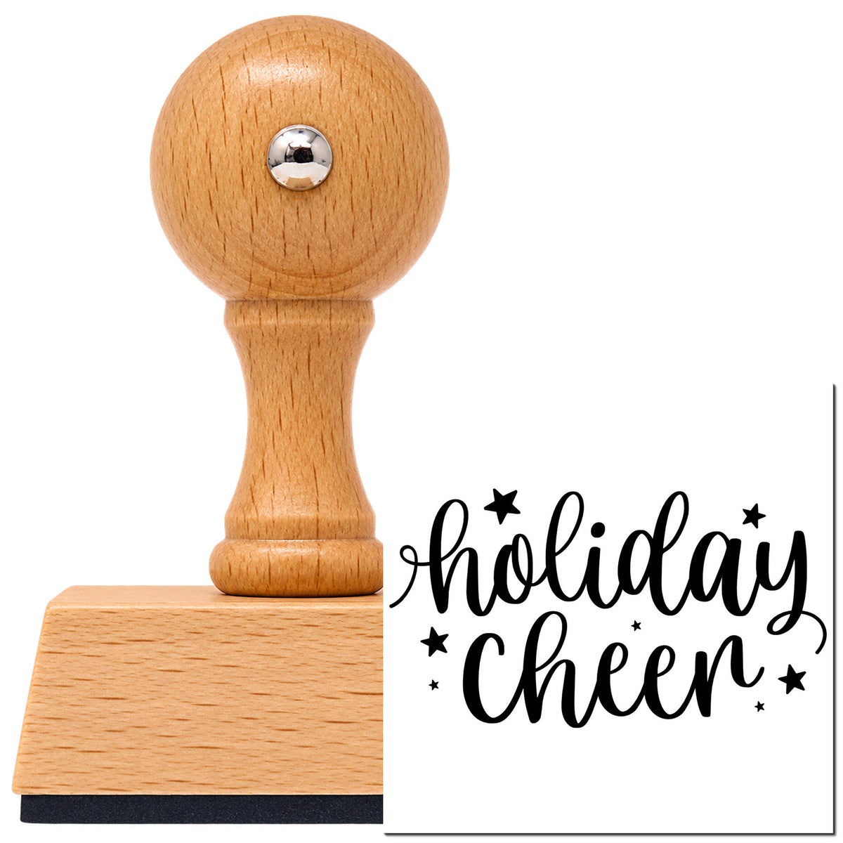 Vintage Pro beech wood stamp with a round knob handle, shown with its black Holiday Cheer Star Lettering imprint on white.
