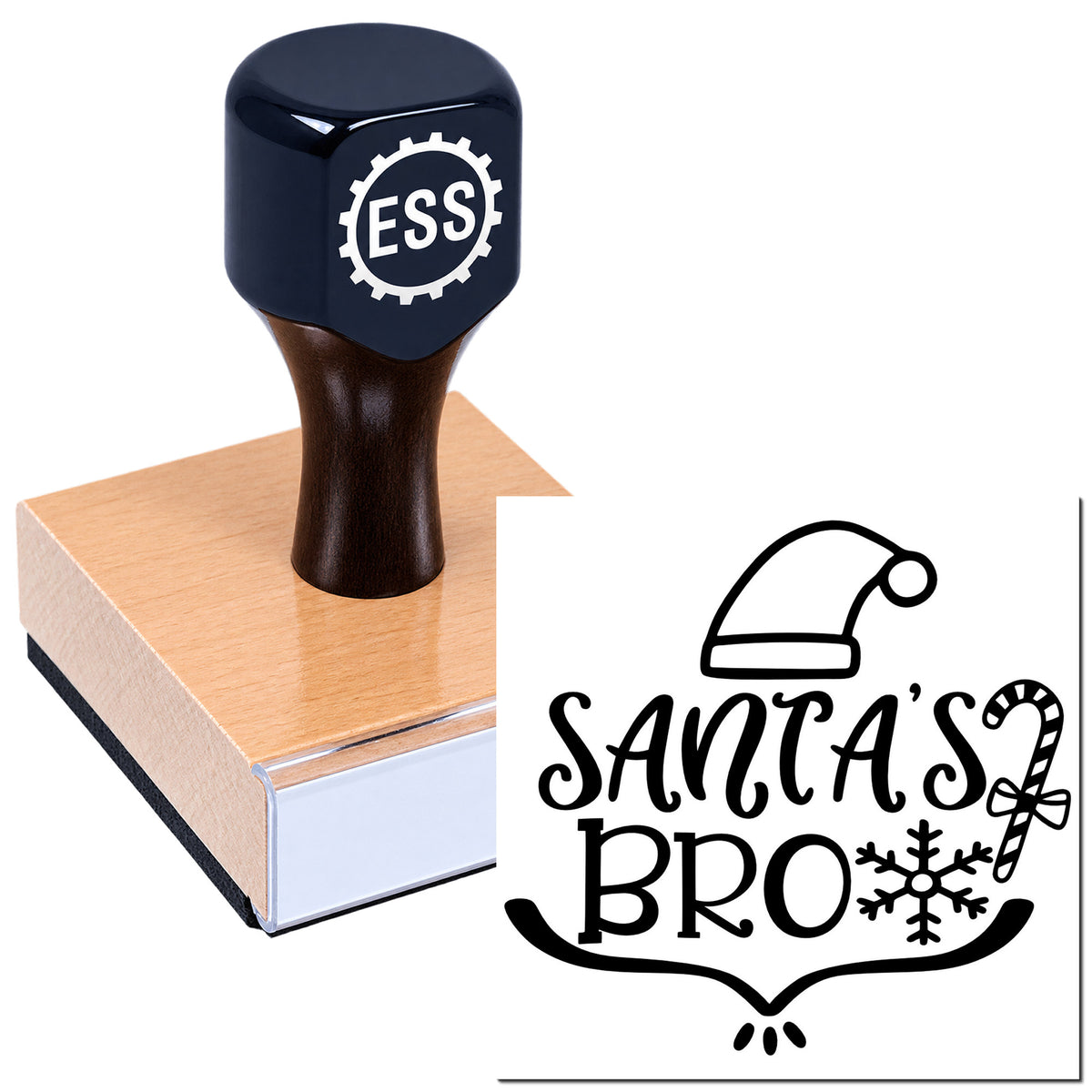 Navy custom stamp and seal on wood base with Santa's Bro holiday design, black lettering, Santa hat, candy cane and snowflake.