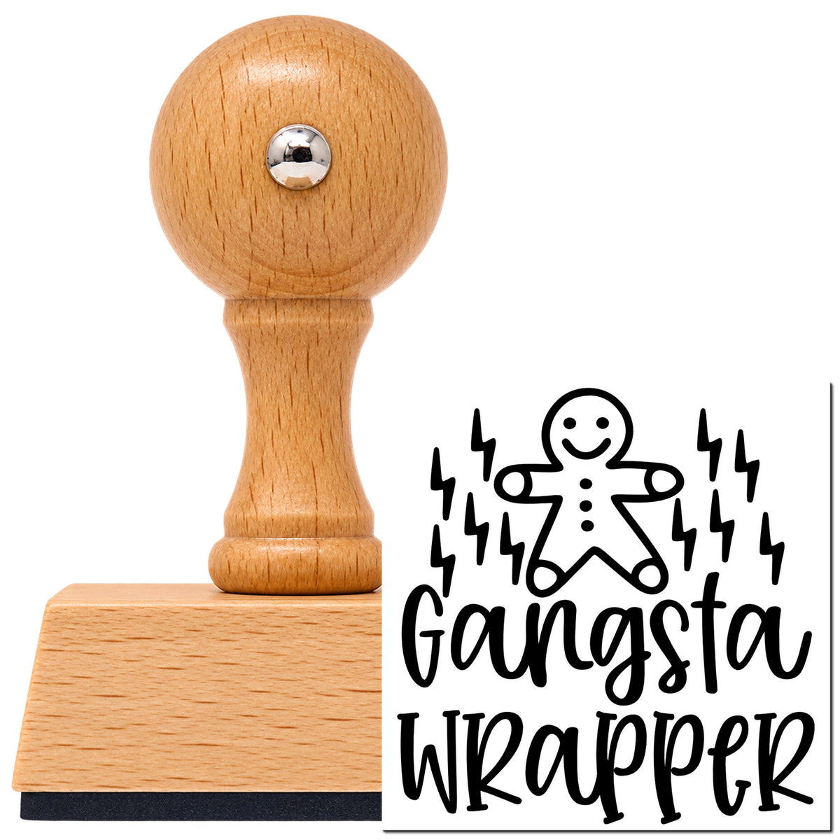 Vintage Pro beech wood stamp with a round knob handle, shown with its black Gangsta Wrapper Gingerbread Lightning imprint on white.
