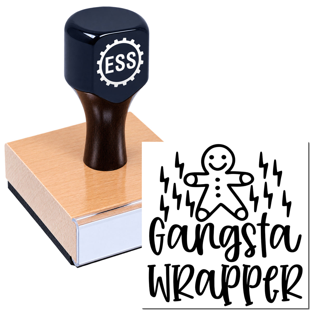 Black ESS stamp seal on a pink sealing block with a custom gingerbread man and lightning bolt design.