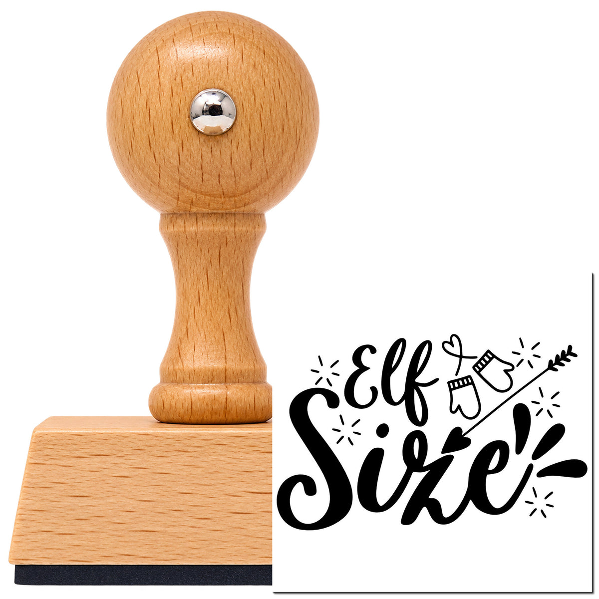 Vintage Pro beech wood stamp with a round knob handle, shown with its black Elf Size Mittens Arrow Lettering imprint on white.