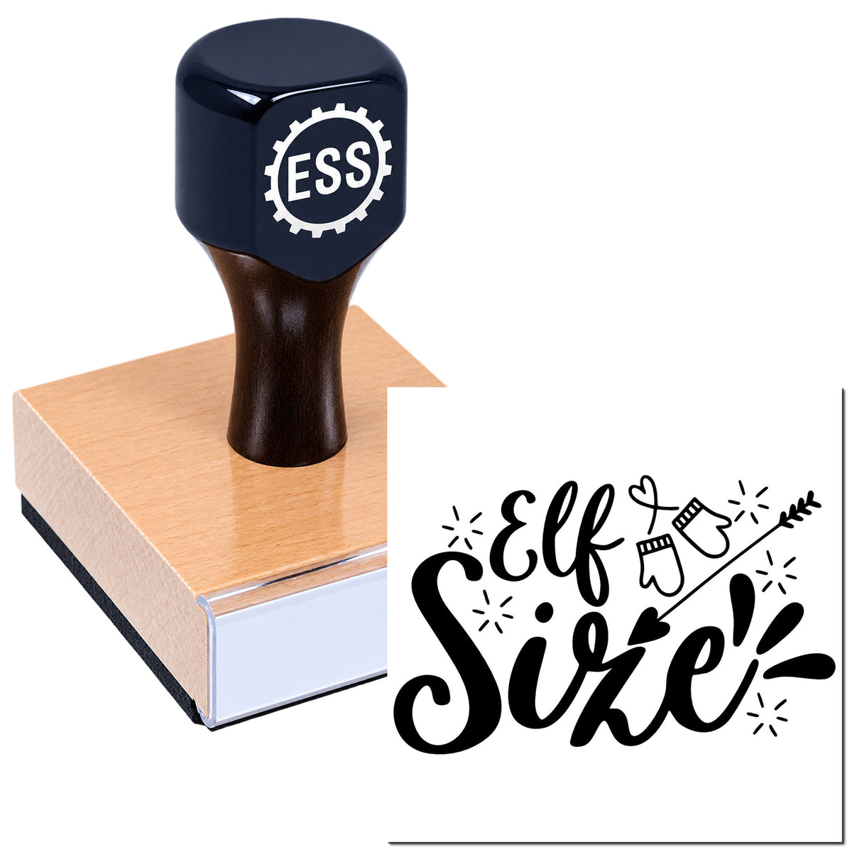 Black ESS stamp on pink wooden base with white seal proof reading "Elf Size!" in playful black lettering.