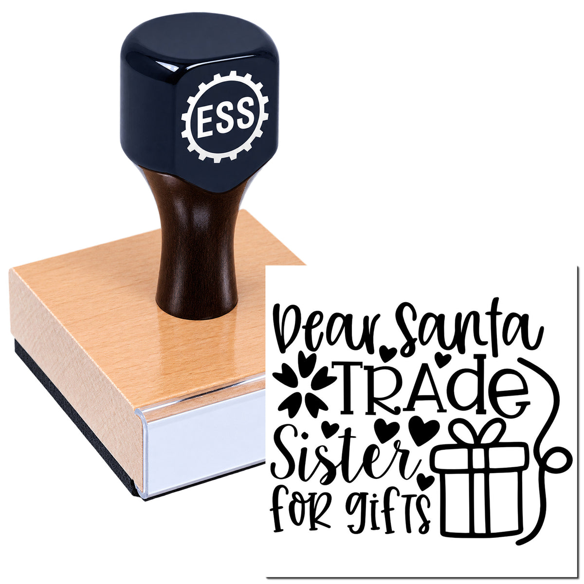 Black ESS stamp on a rose-gold seal block beside a black "Dear Santa Trade Sister for gifts" seal design.