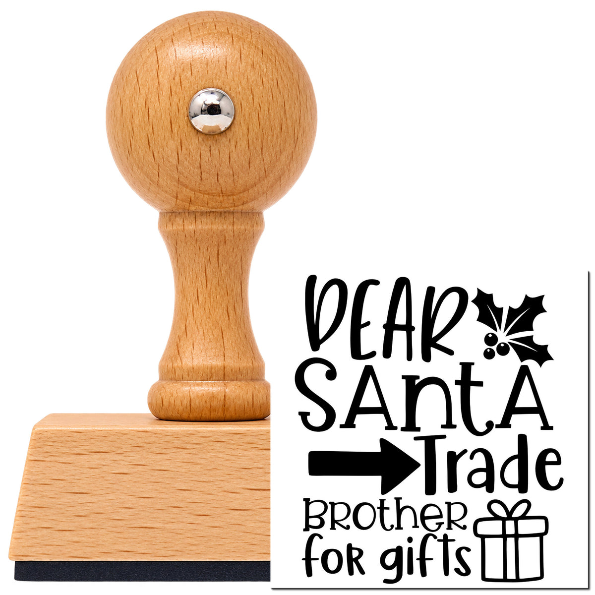 Vintage Pro beech wood stamp with a round knob handle, shown with its black Dear Santa Trade Brother Gifts imprint on white.