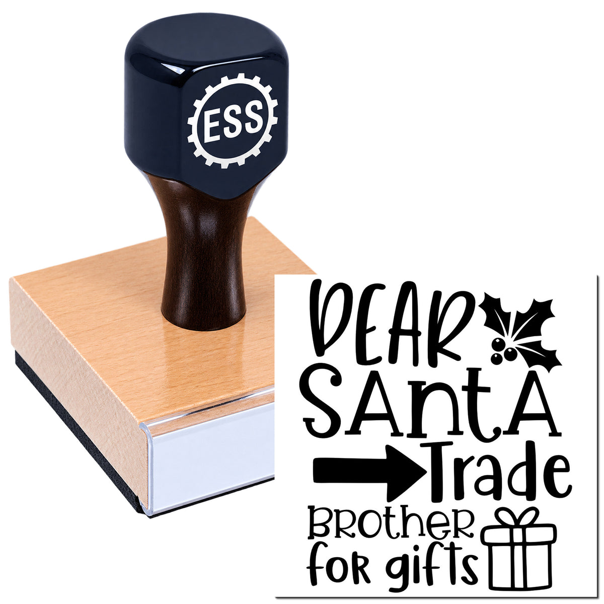 Dark blue ESS custom stamp and seal on peach wooden block, with black "DEAR Santa" holiday gift text and holly.