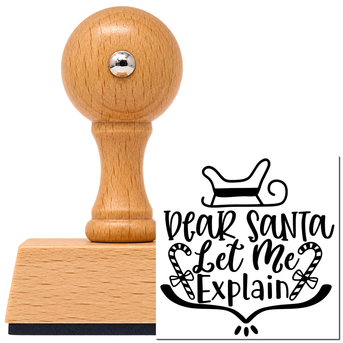 Vintage Pro beech wood stamp with a round knob handle, shown with its black Dear Santa Let Me Explain imprint on white.