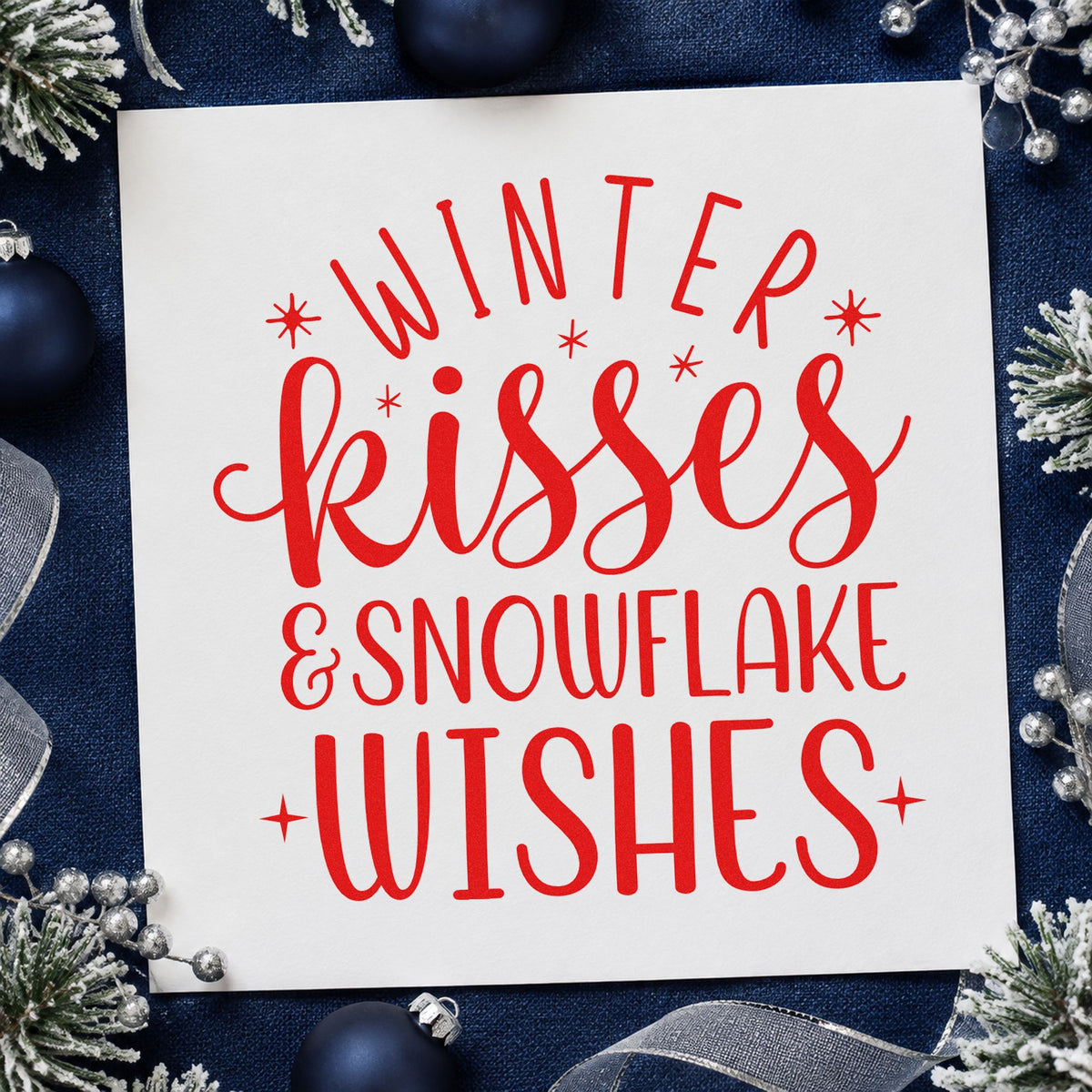 Winter Kisses Snowflake Wishes craft stamp in red ink on cardstock, an easy option for sham edge printing.