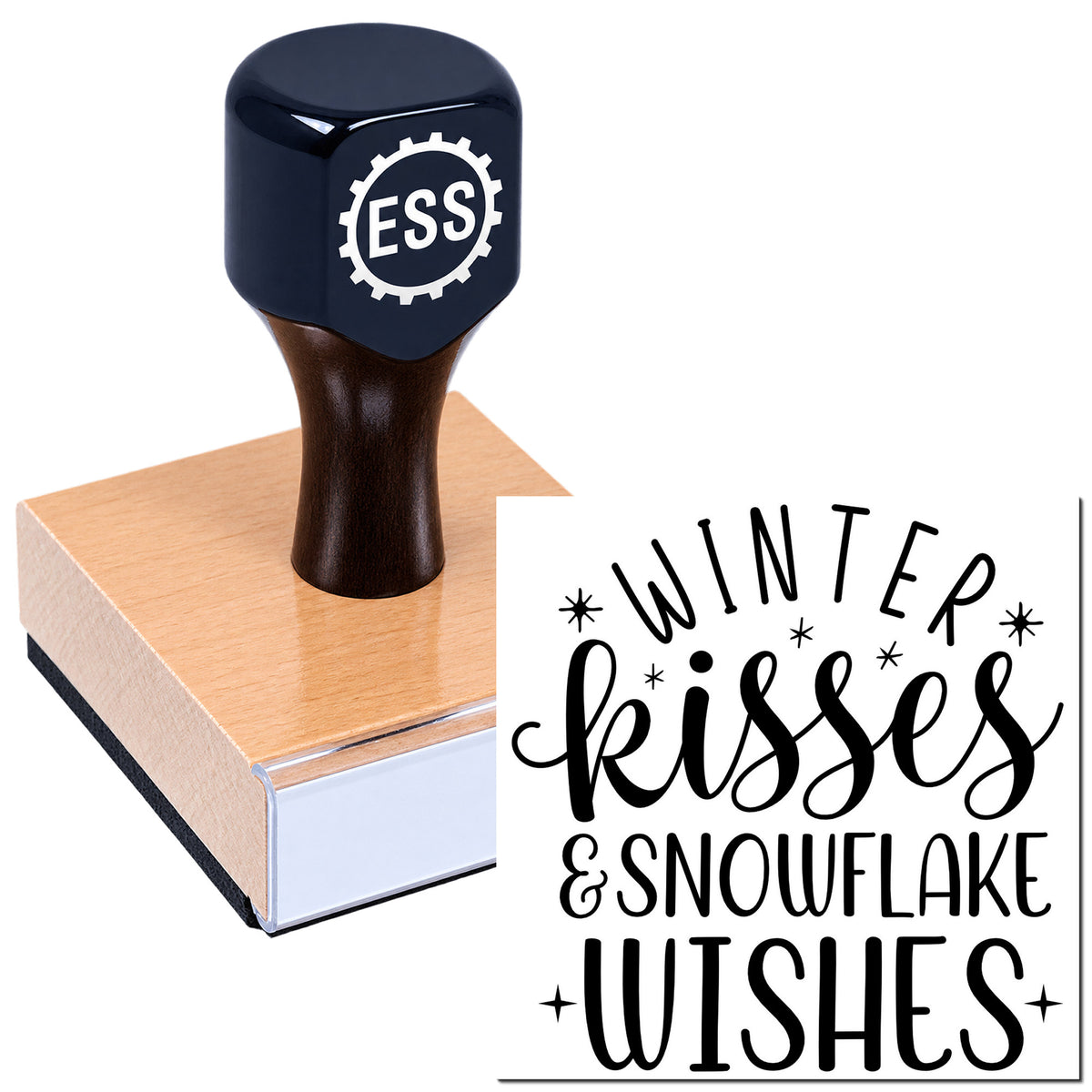 Black ESS stamp and seal on a wooden block, showing a Winter Kisses and Snowflake Wishes design.