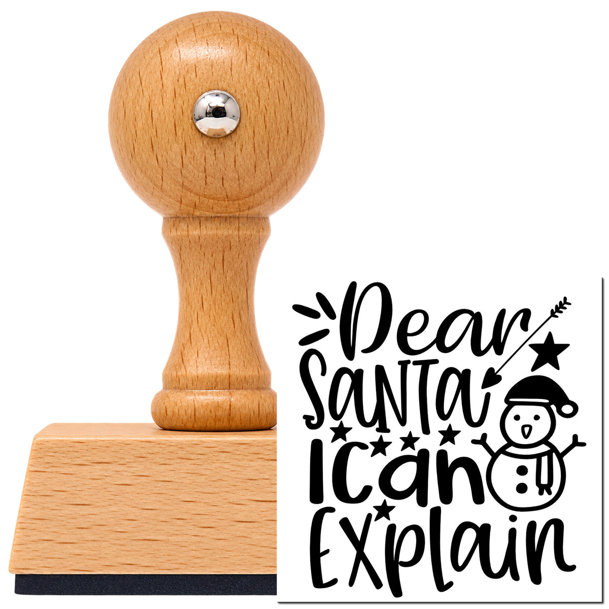 Vintage Pro beech wood stamp with a round knob handle, shown with its black Snowman And Heart Arrow Dear Santa imprint on white.