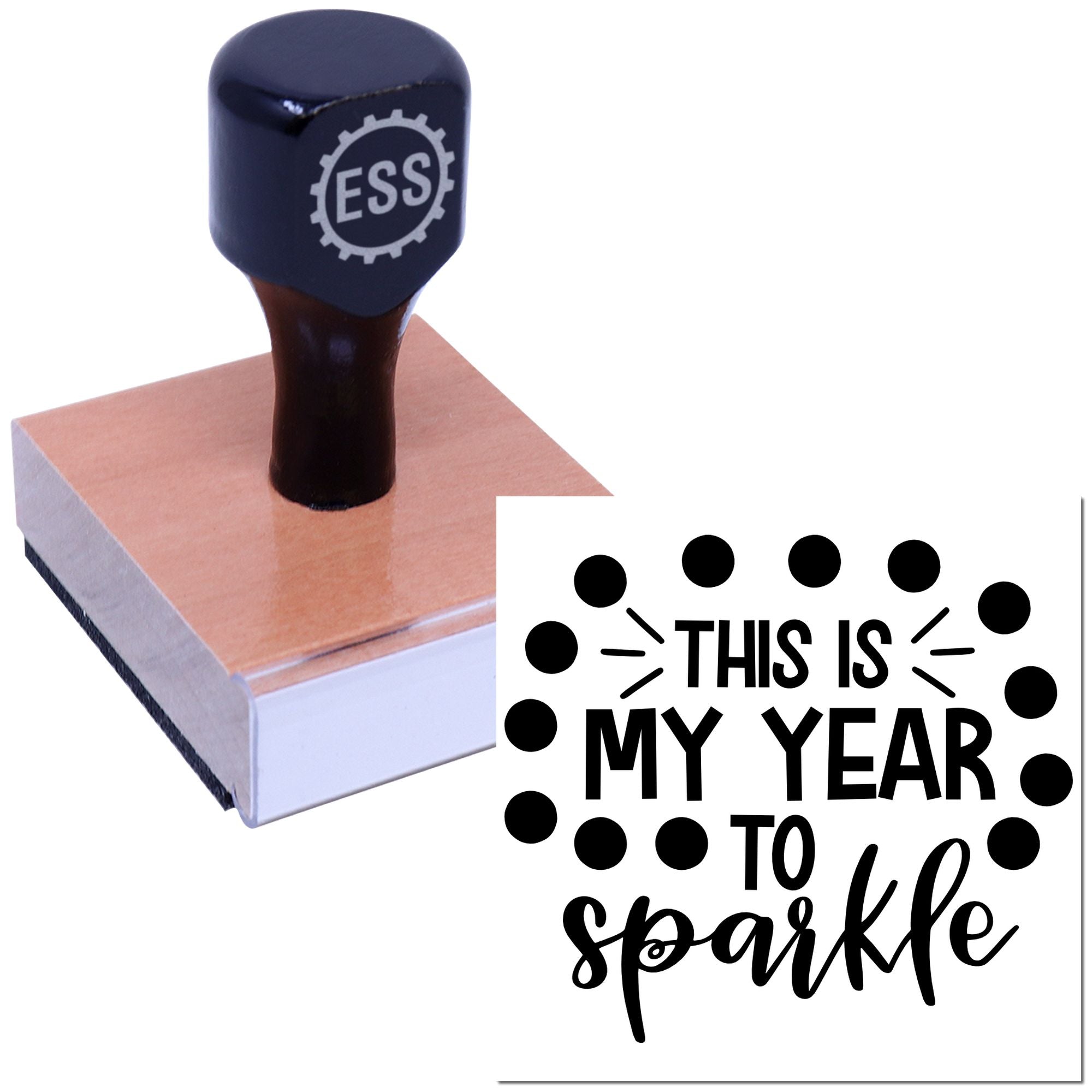 Dark navy ESS custom stamp on wood block beside black-and-white seal reading This Is My Year to Sparkle.