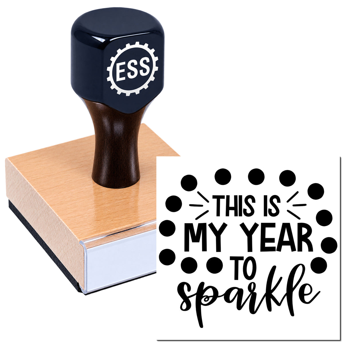 Dark navy ESS custom stamp on wood block beside black-and-white seal reading "This Is My Year to Sparkle."