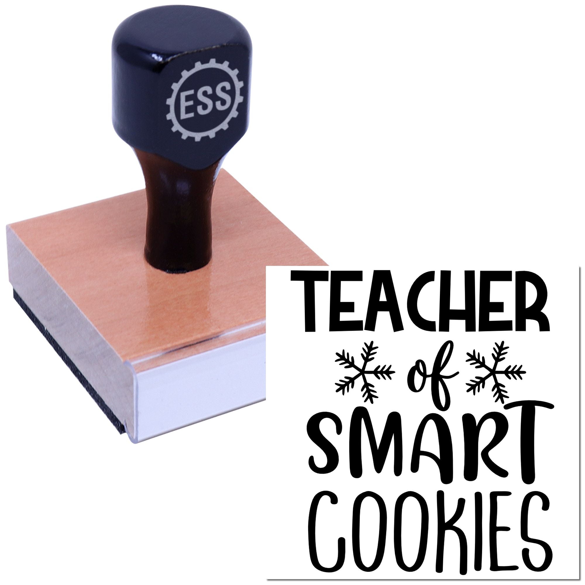 Navy ESS rubber stamp on wood seal block with black Teacher of Smart Cookies design on white background.