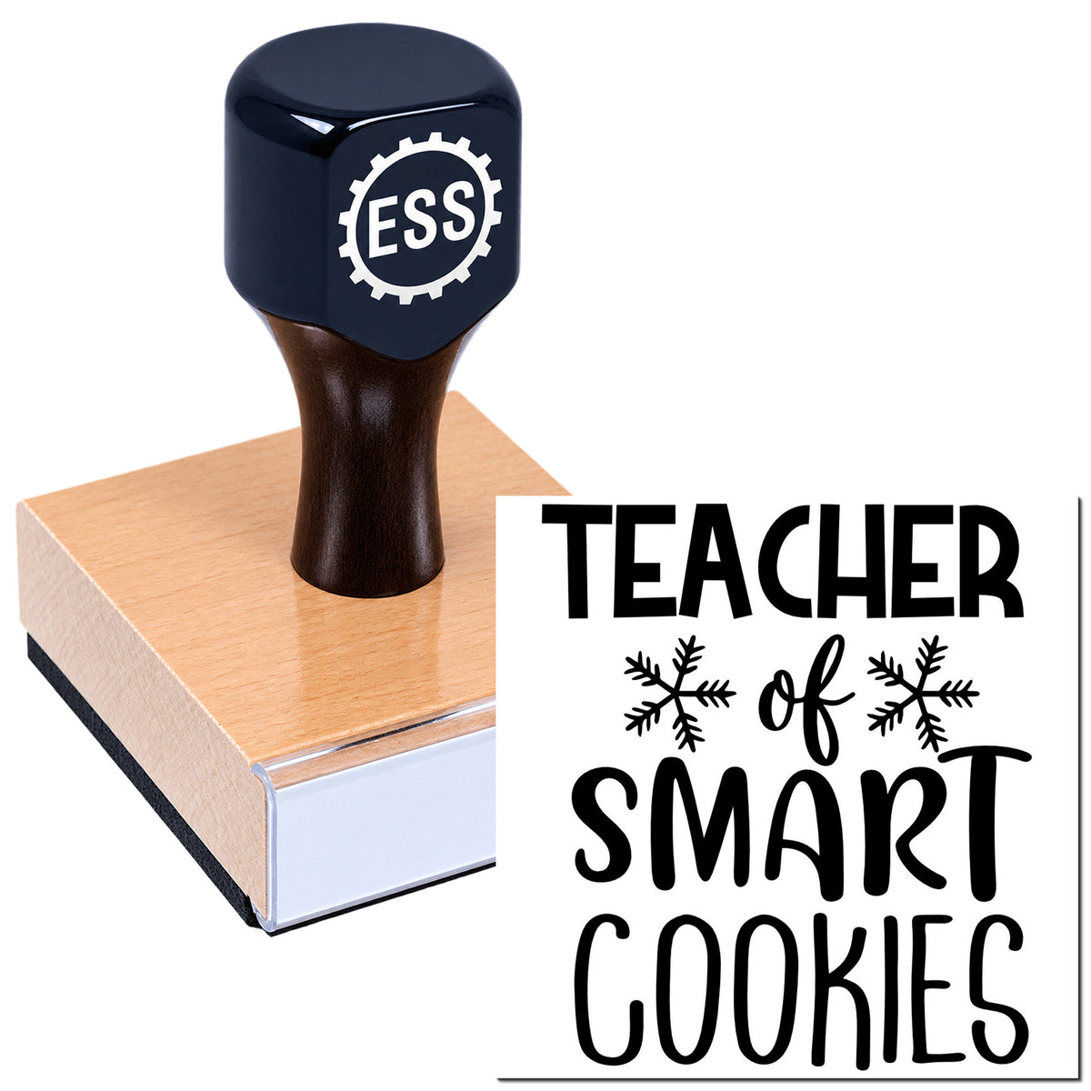 Navy ESS rubber stamp on wood seal block with black Teacher of Smart Cookies design on white background.