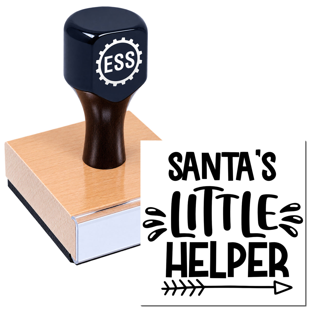 Black ESS rubber stamp and seal on a pink block, with Santa's Little Helper branding