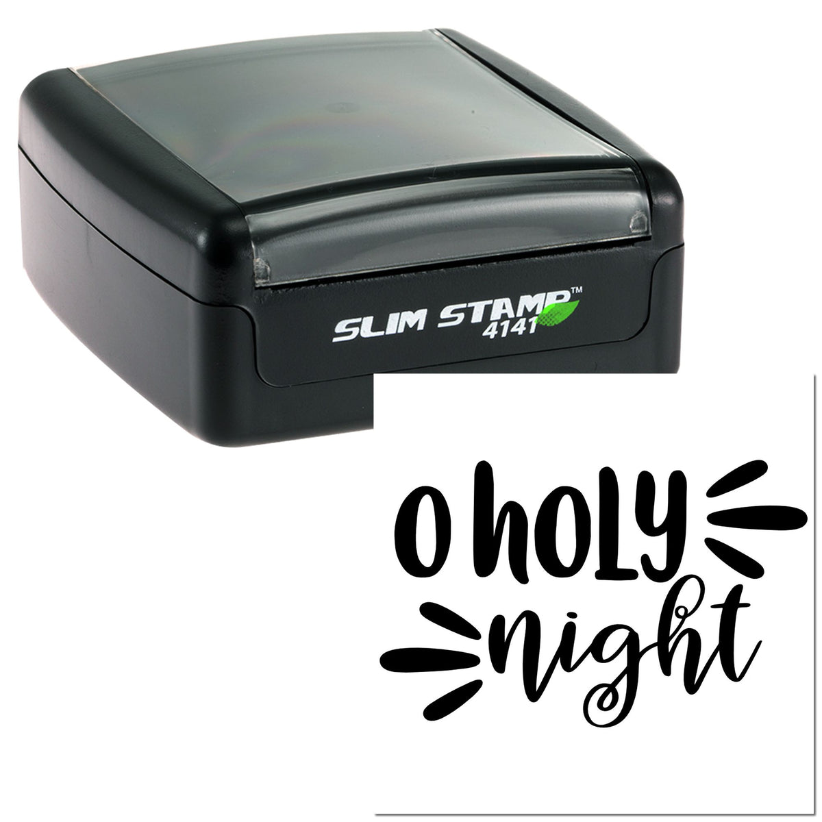Trodat craft stamp featuring a slim, elegant handlettered Christmas hymn design on a black background.