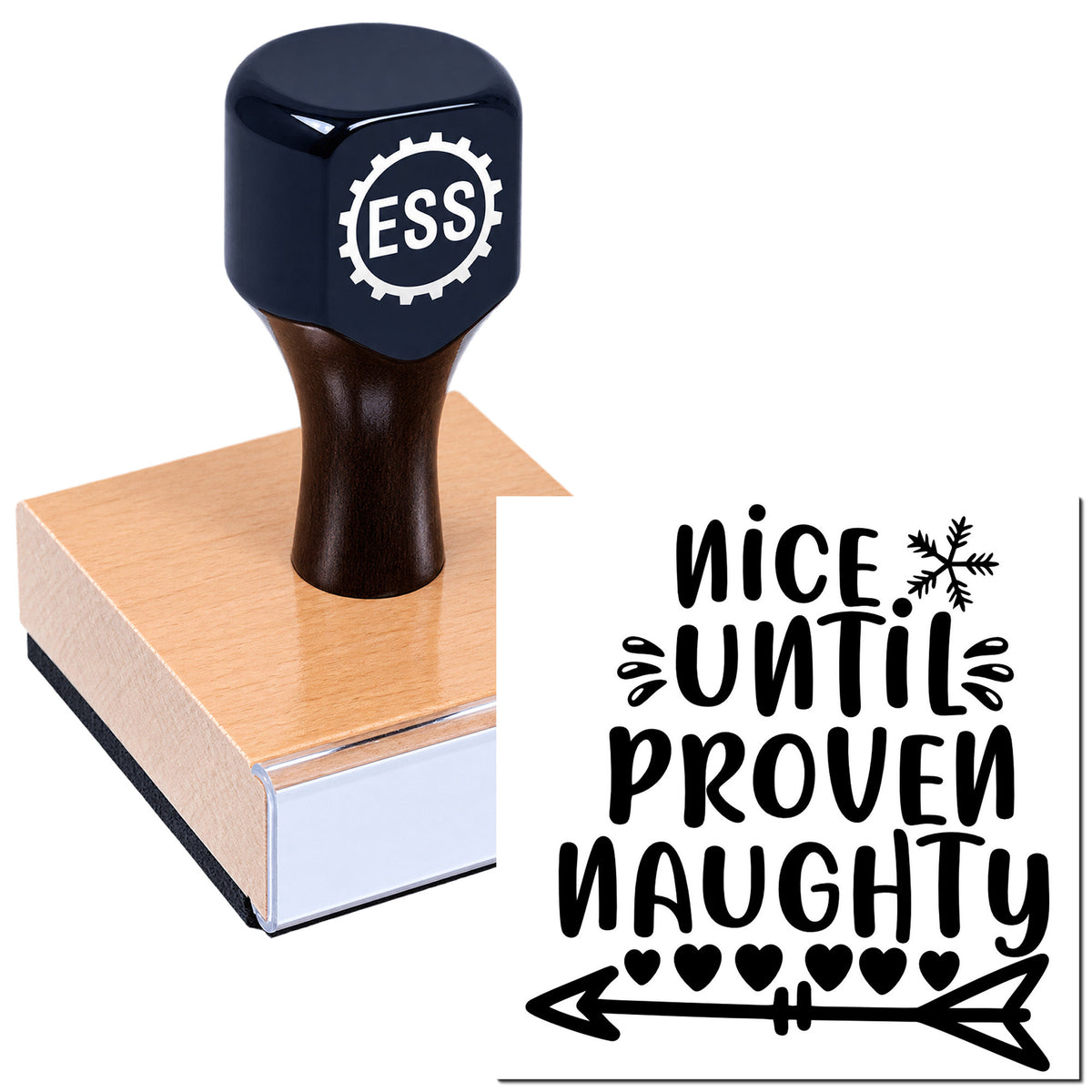 Black ESS self-inking stamp on a pink seal block, showing the black "Nice until proven naughty" design.