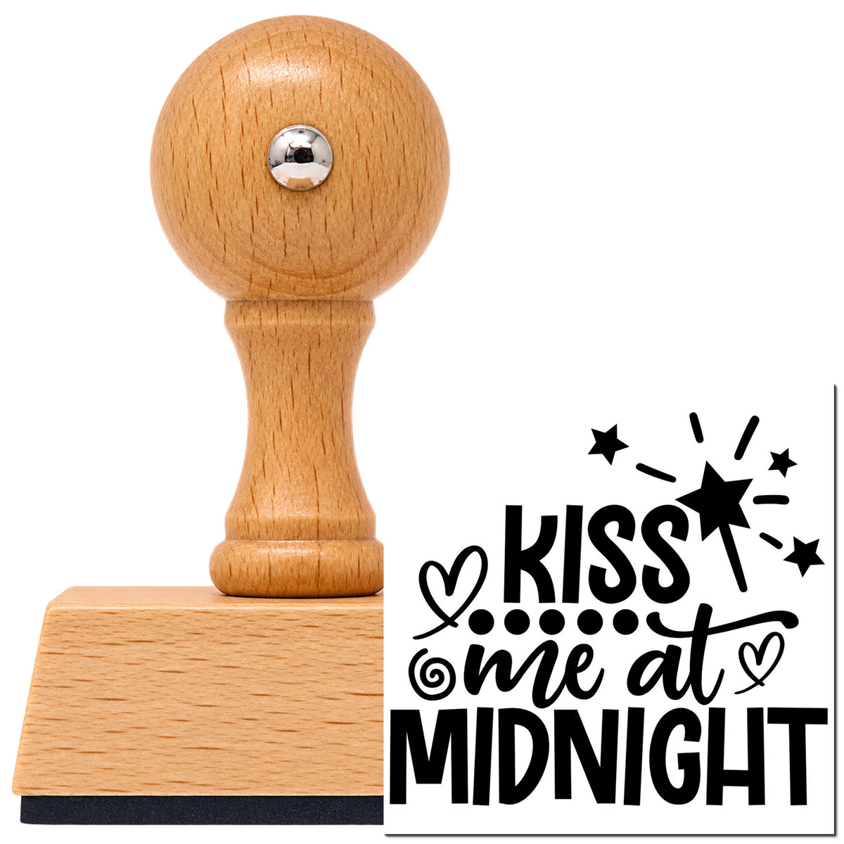 Vintage Pro beech wood stamp with a round knob handle, shown with its black Kiss Me At Midnight With Stars imprint on white.