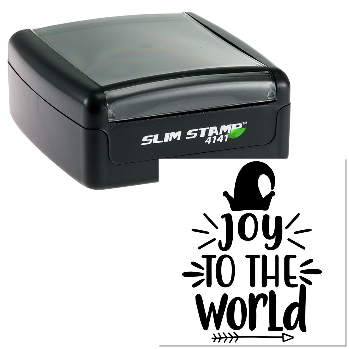 Black slim self-inking stamp with clear cover and Joy to the World holiday seal design.