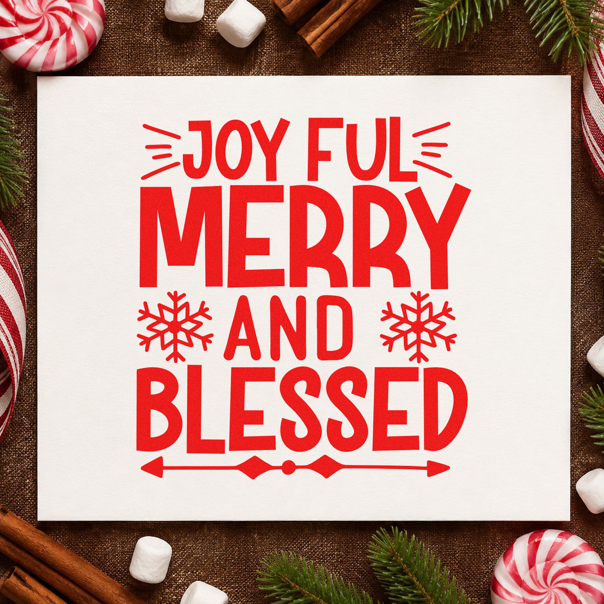 Joyful Merry And Blessed Snowflakes craft stamp in red ink on cardstock, an easy option for runner middle printing.