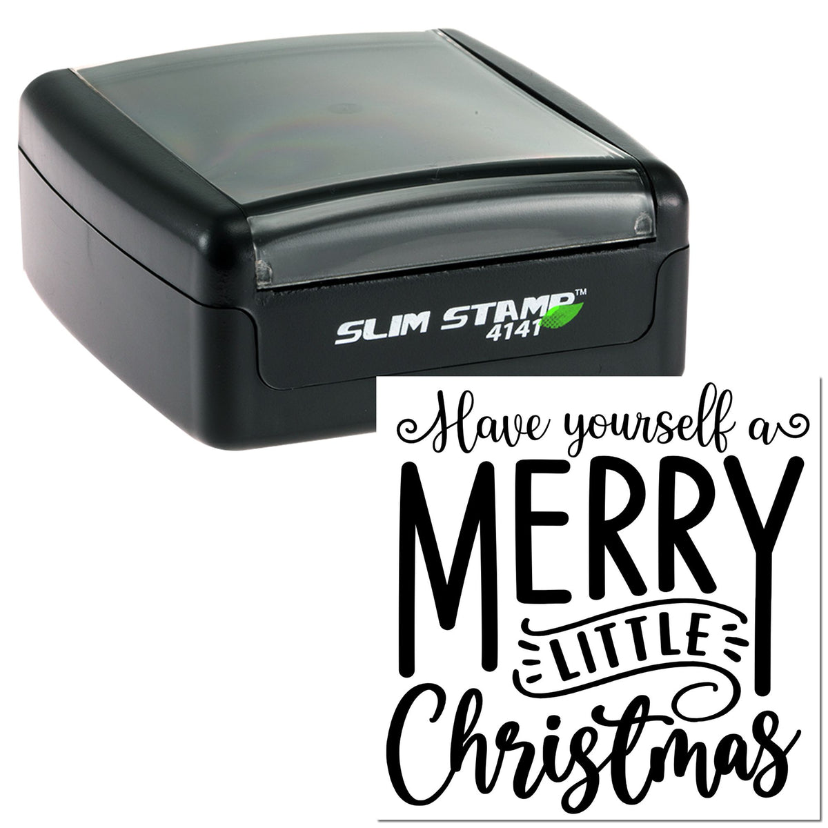 Black self-inking stamp and seal with white Merry Little Christmas design and Slim Stamp 4141 label.