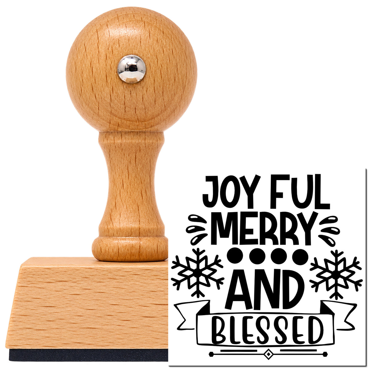 Vintage Pro beech wood stamp with a round knob handle, shown with its black Joyful Merry Blessed Snowflake Banner Lettering imprint on white.