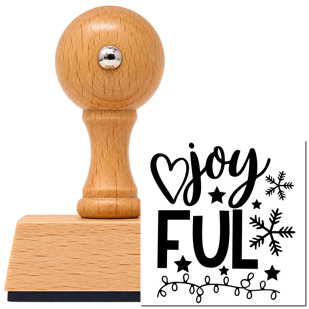Vintage Pro beech wood stamp with a round knob handle, shown with its black Joyful Snowflakes And Lights imprint on white.
