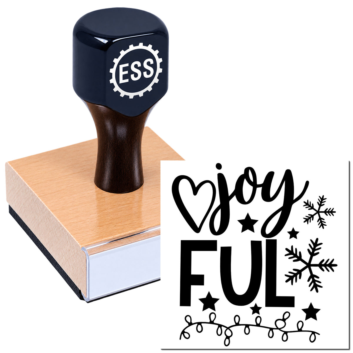 Navy ESSI custom stamp on wooden block beside black Joyful holiday seal design with stars and snowflakes.