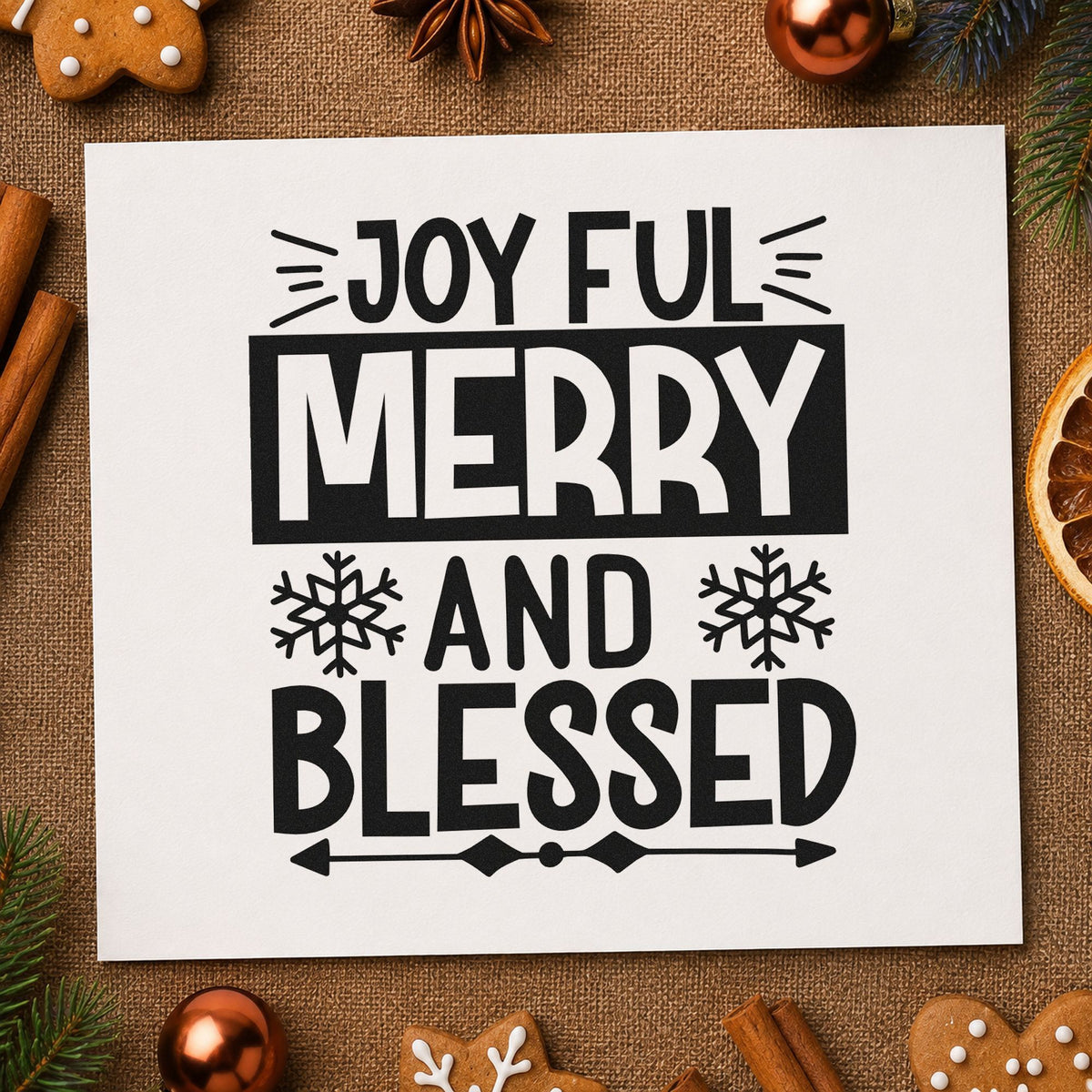 Joyful Merry Blessed Box rubber stamp printed in black ink, ready for dark box cards and similar paper crafts.