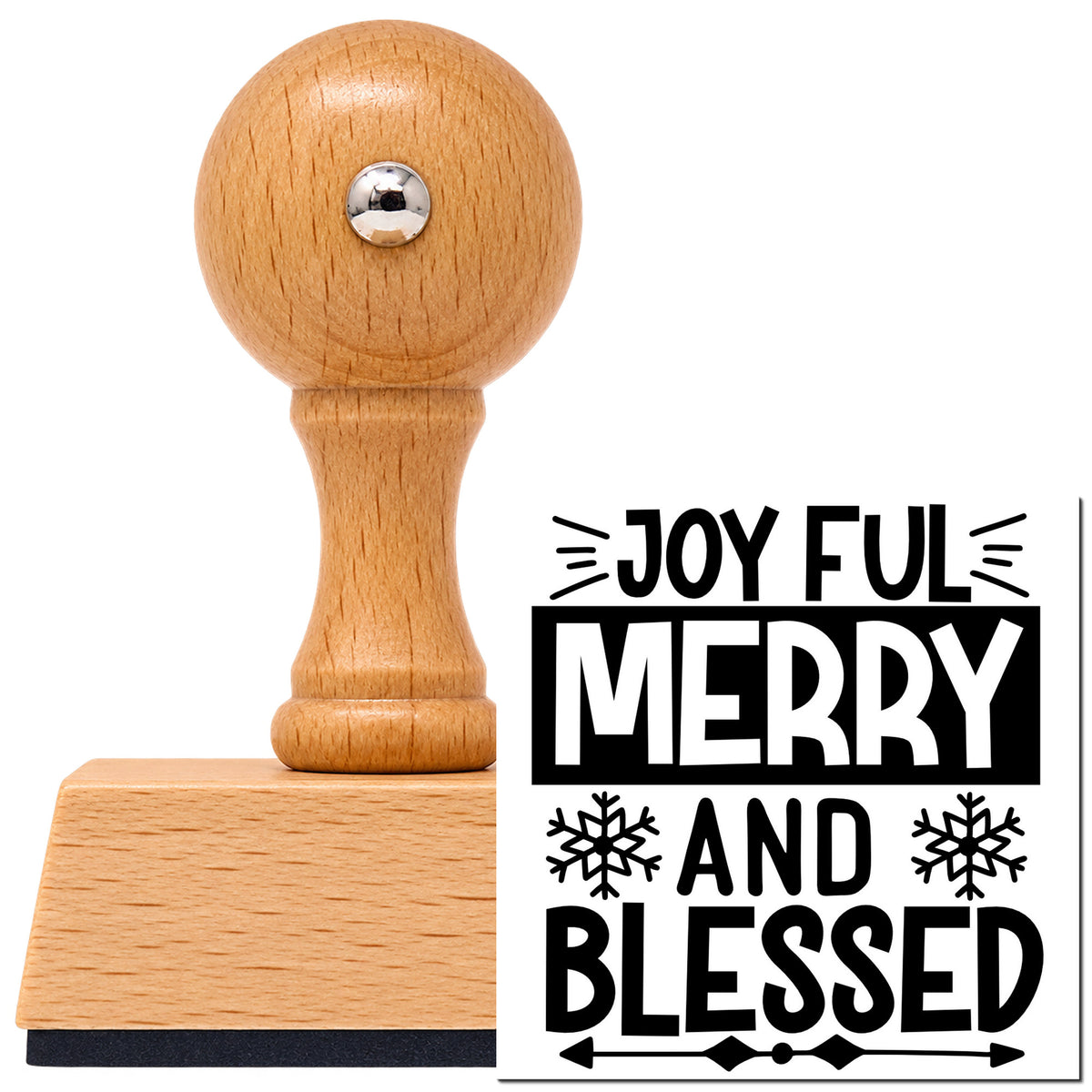 Vintage Pro beech wood stamp with a round knob handle, shown with its black Joyful Merry Blessed Box Snowflakes imprint on white.
