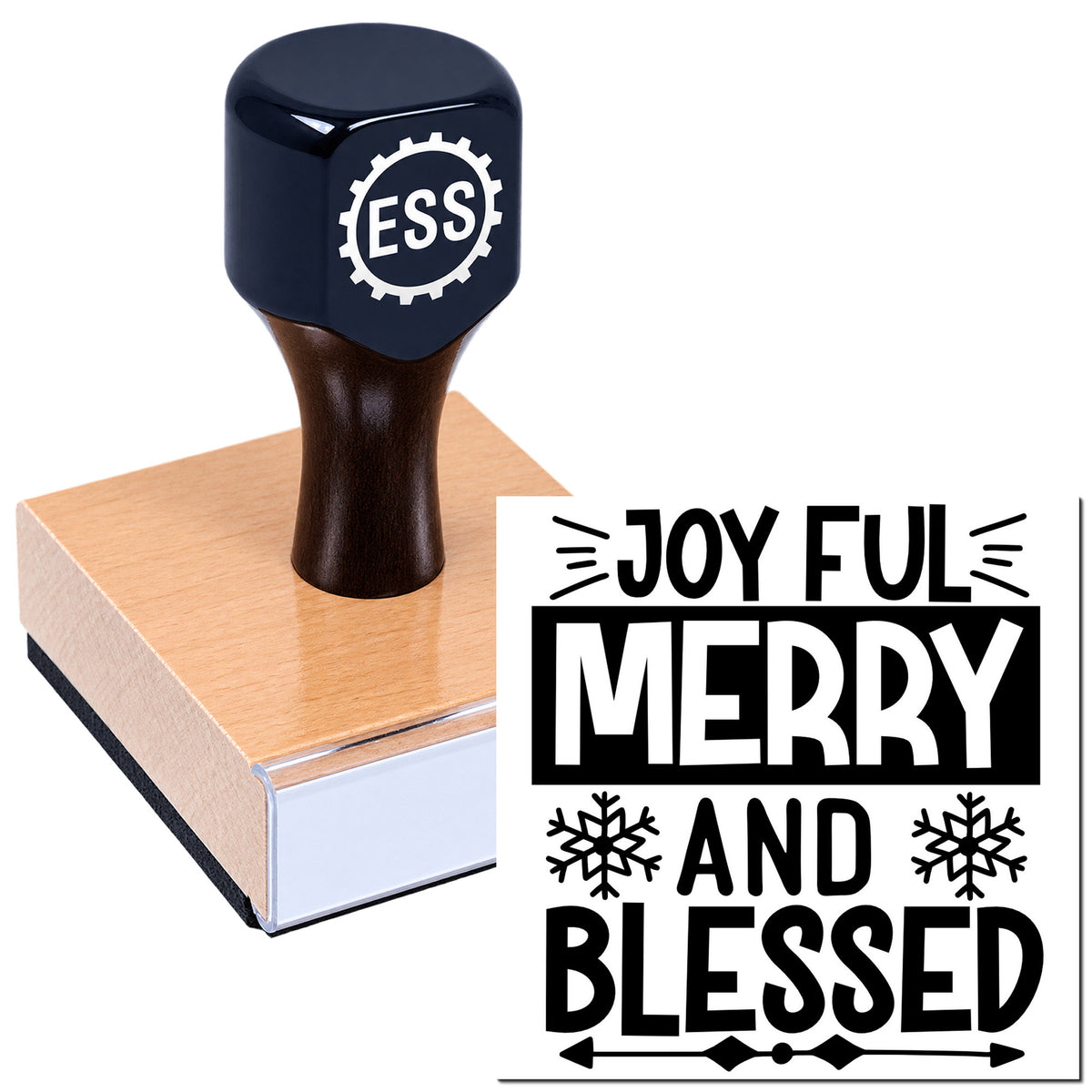 Navy rubber stamp with ESS logo on wooden base, showing black holiday seal text: Joyful Merry and Blessed with snowflakes.