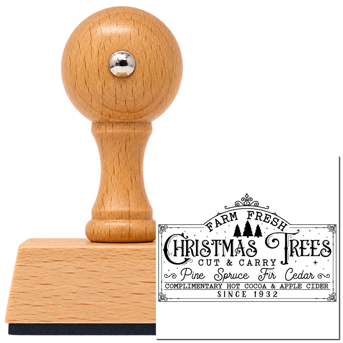 Vintage Pro beech wood stamp with a round knob handle, shown with its black Farm Fresh Christmas Trees Sign imprint on white.