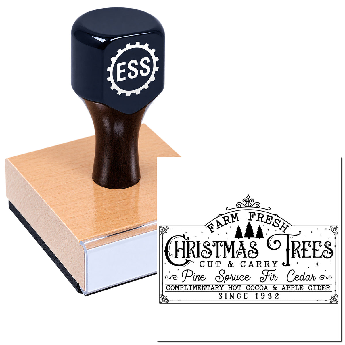 Dark blue custom stamp on a wooden block with ESS logo, next to a black decorative Farm Fresh Christmas Trees seal design.