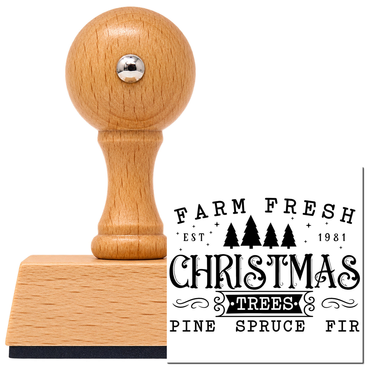 Vintage Pro beech wood stamp with a round knob handle, shown with its black Farm Fresh Trees Est 1981 Lettering imprint on white.