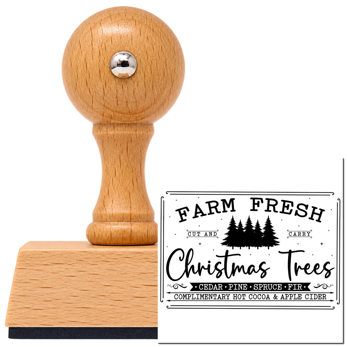 Vintage Pro beech wood stamp with a round knob handle, shown with its black Farm Fresh Trees Framed Sign imprint on white.