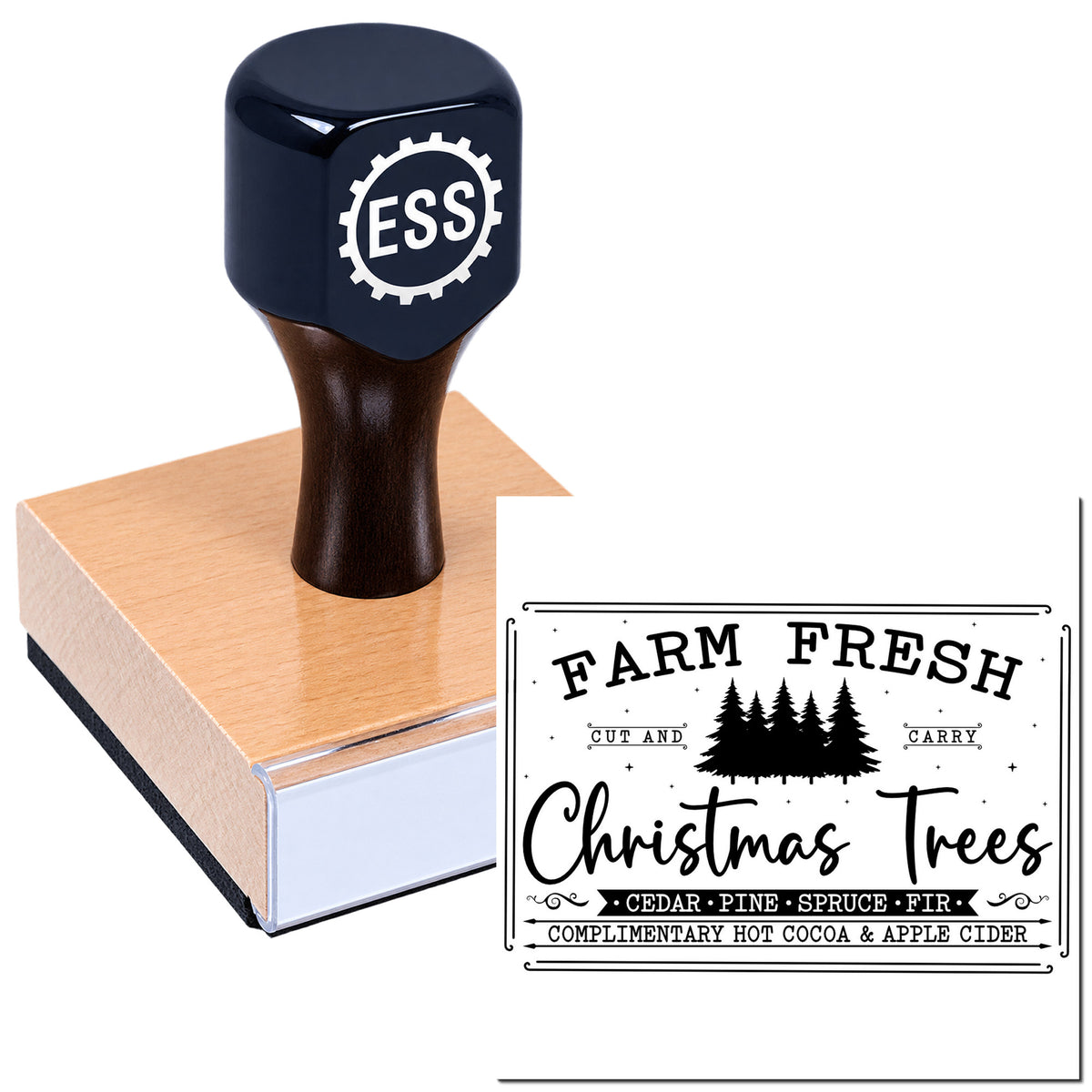 Dark navy ESS hand stamp on pink rubber seal block, beside black Farm Fresh Christmas Trees seal design with pine trees.