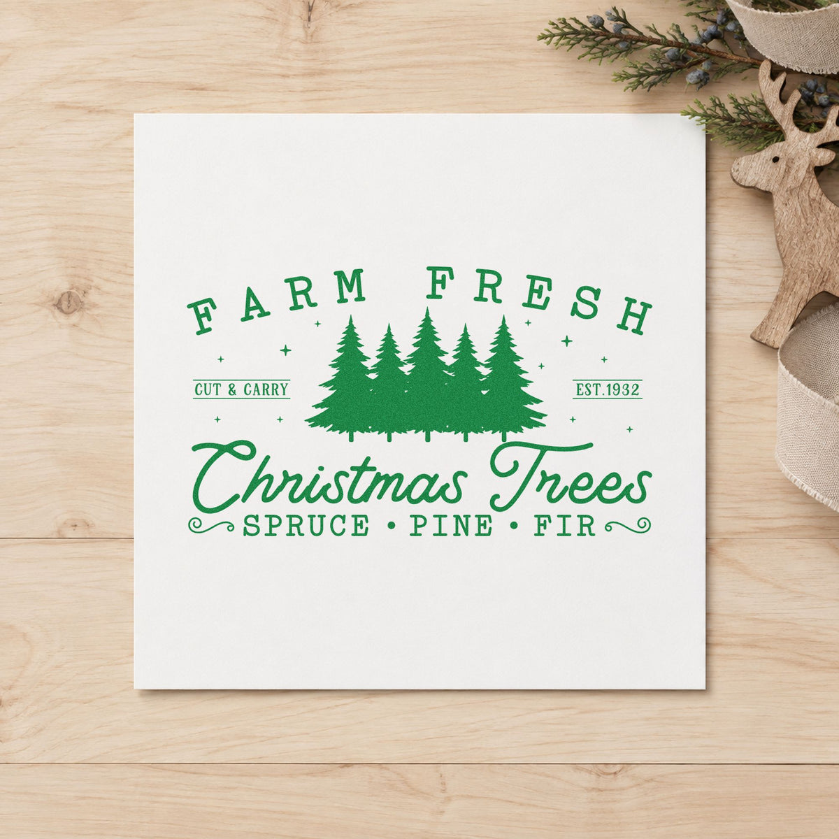 Farm Fresh Christmas Tree Row craft stamp imprint in green ink on a handmade project, one idea being inline price tags.