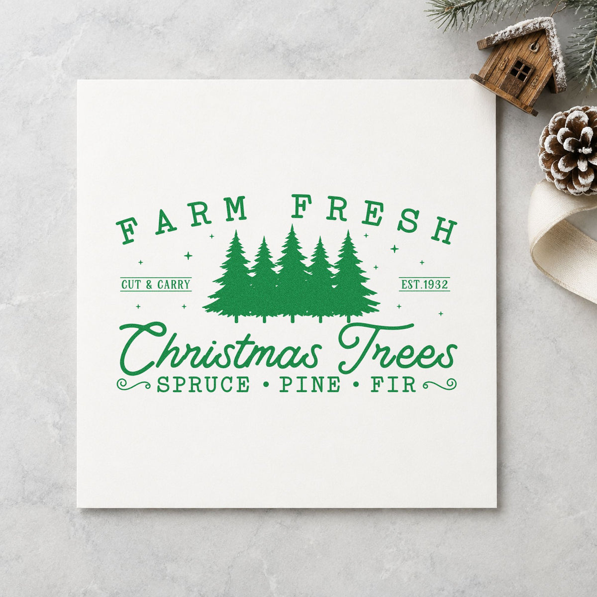 Farm Fresh Christmas Tree Row craft stamp imprinted in green ink on paper, a design suited to framed lot entry.