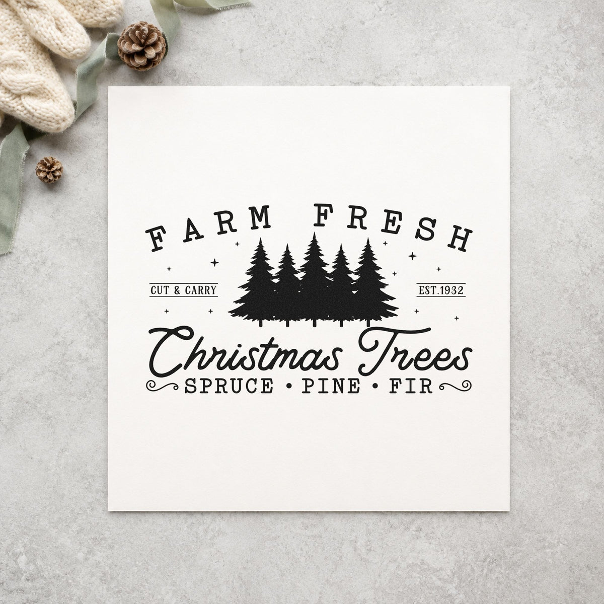 Farm Fresh Christmas Tree Row rubber stamp printed in black ink, ready for pines inside cards and similar paper crafts.