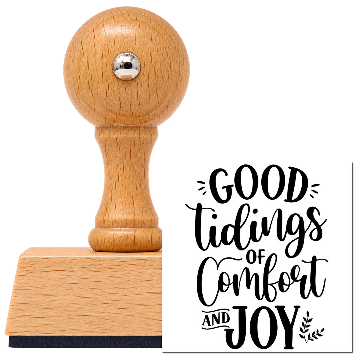 Vintage Pro beech wood stamp with a round knob handle, shown with its black Good Tidings Comfort And Joy imprint on white.