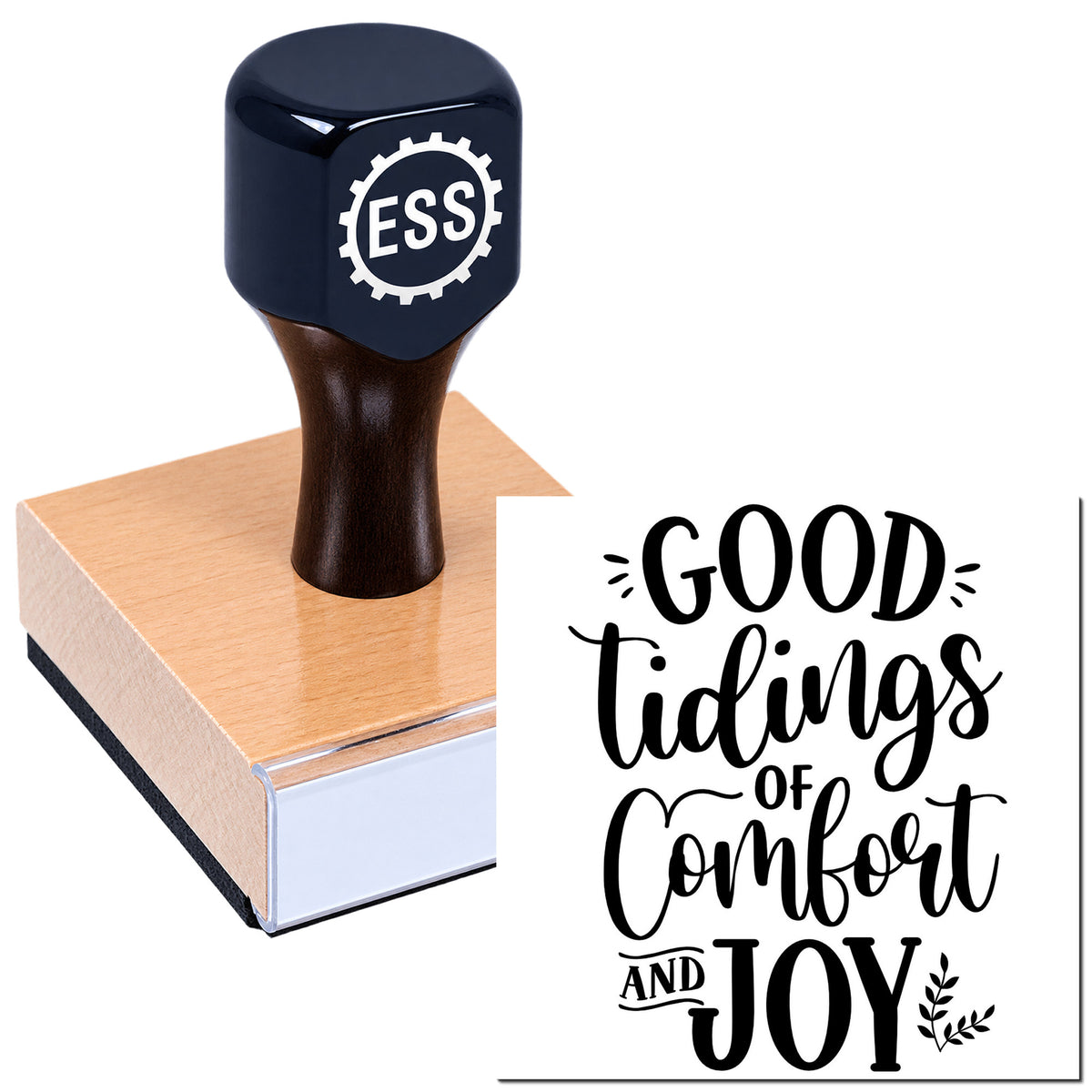 Dark blue ESS stamp and seal set with wooden block and black "Good Tidings of Comfort and Joy" design.