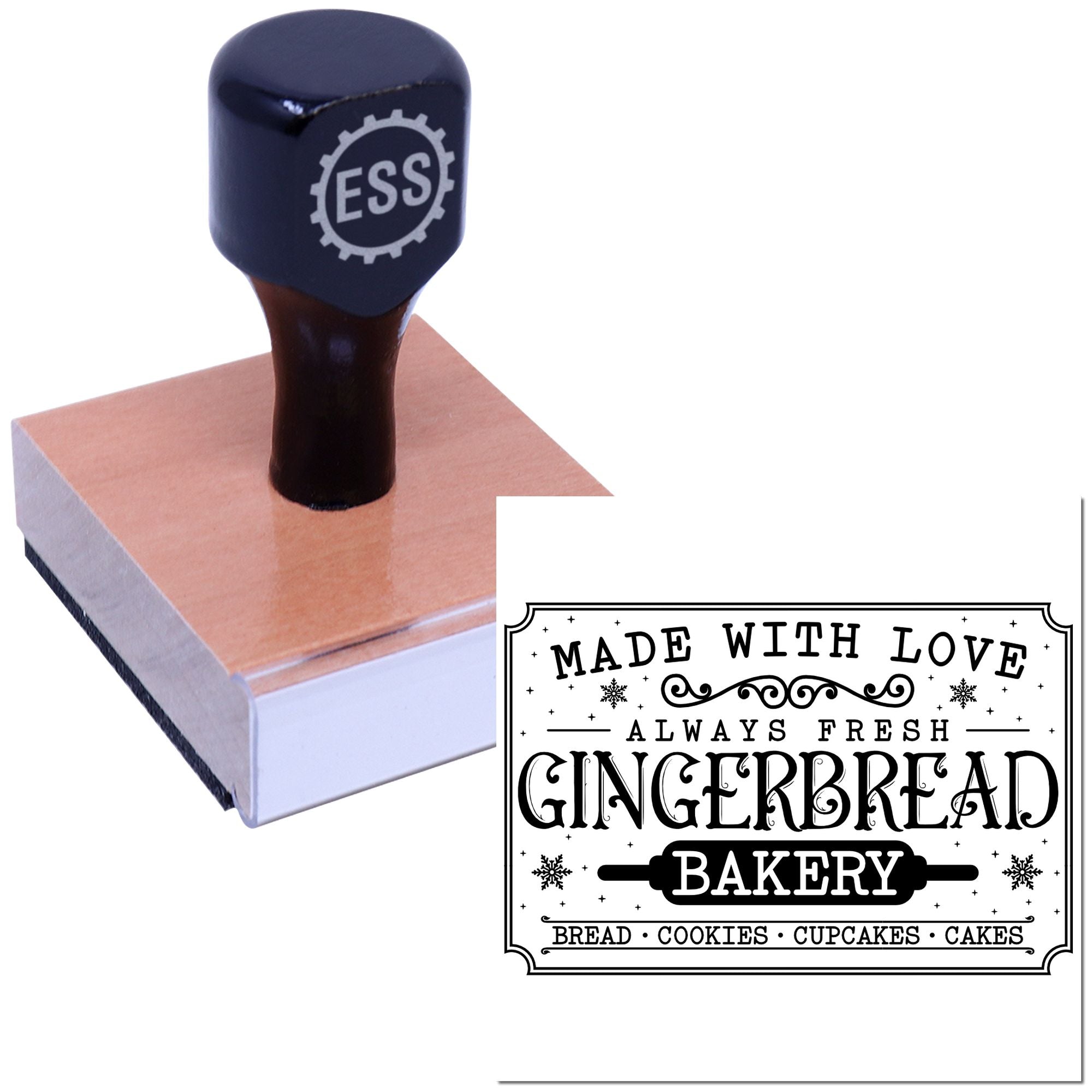 Dark blue ESS stamp on wood block beside black bakery seal reading Made with Love, Always Fresh Gingerbread Bakery.