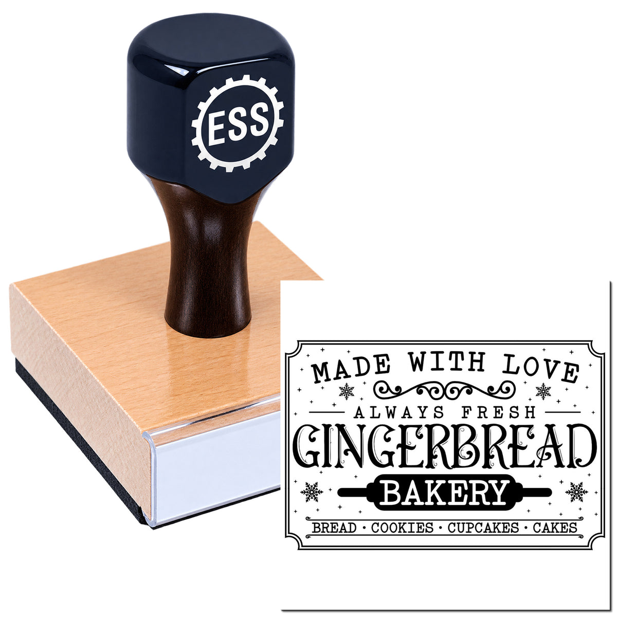 Dark blue ESS stamp on wood block beside black bakery seal reading "Made with Love, Always Fresh Gingerbread Bakery."