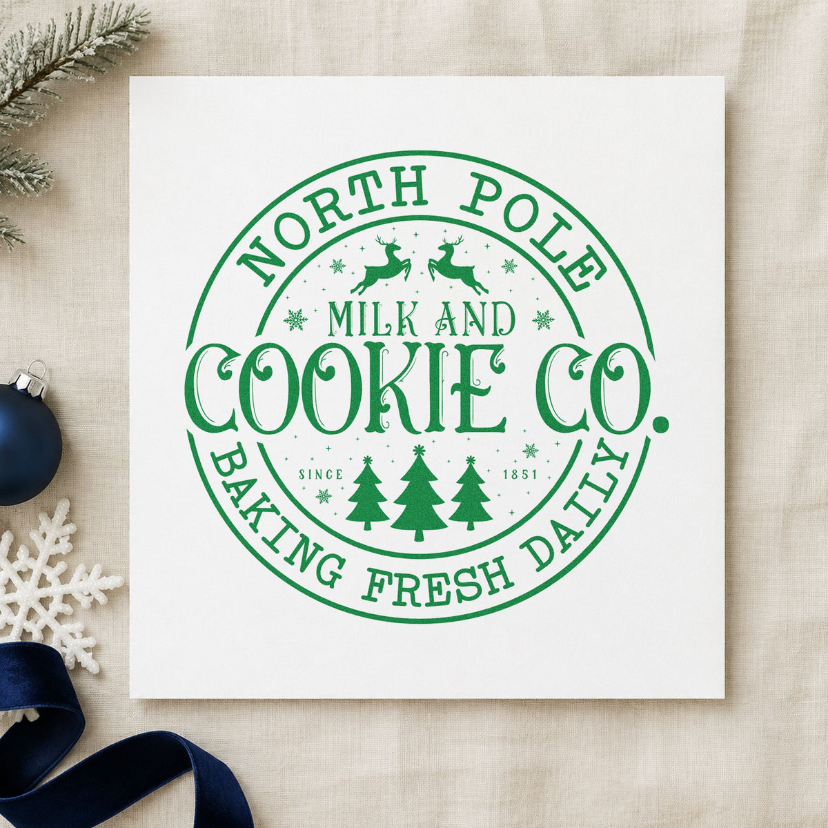 North Pole Cookie Company Circle craft stamp imprint in green ink on a handmade project, one idea being seal sticker tags.